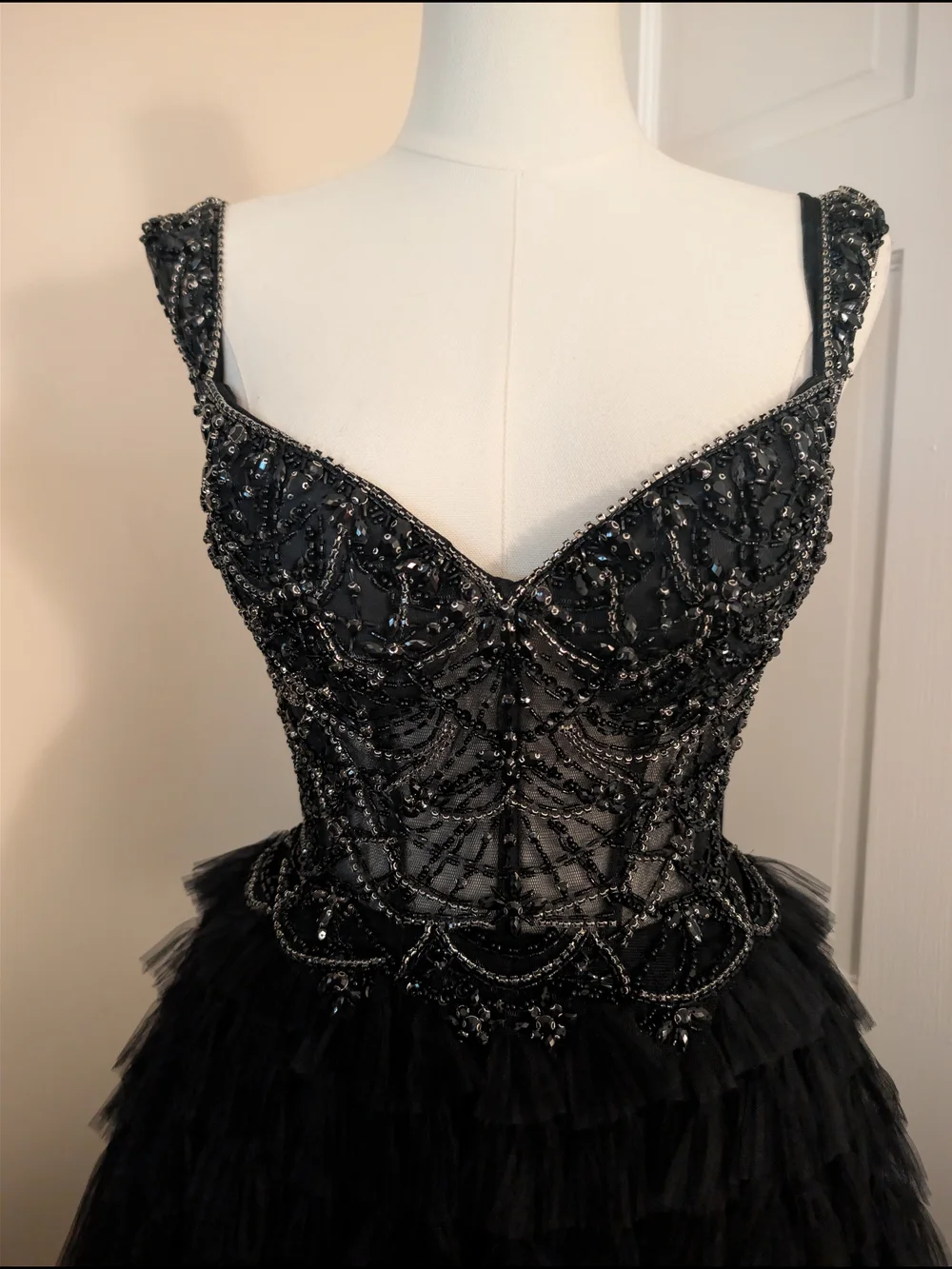 Jovani Black Beaded Corset Tulle Ruffled Ball Gown Prom Dress 0